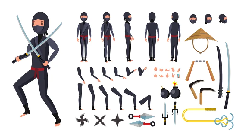 Animiertes Ninja-Charakter-Set  Illustration