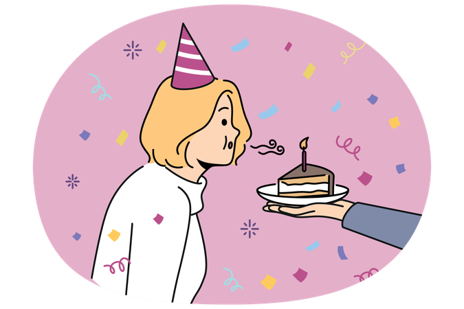 Aniversariante apaga vela em pedaço de bolo comemorando aniversário e fazendo desejo querido  Ilustração
