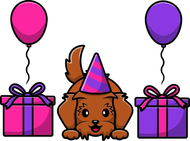 Aniversário de cachorro com presentes e balões  Ilustração