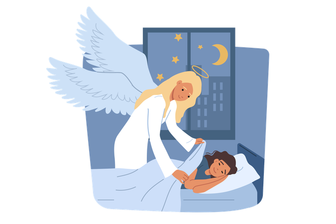 Anjo da guarda coloca menina na cama e a cobre com cobertor  Ilustração
