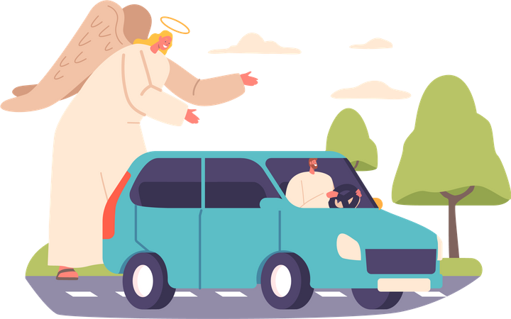 Anjo protege motorista de carro na estrada  Ilustração