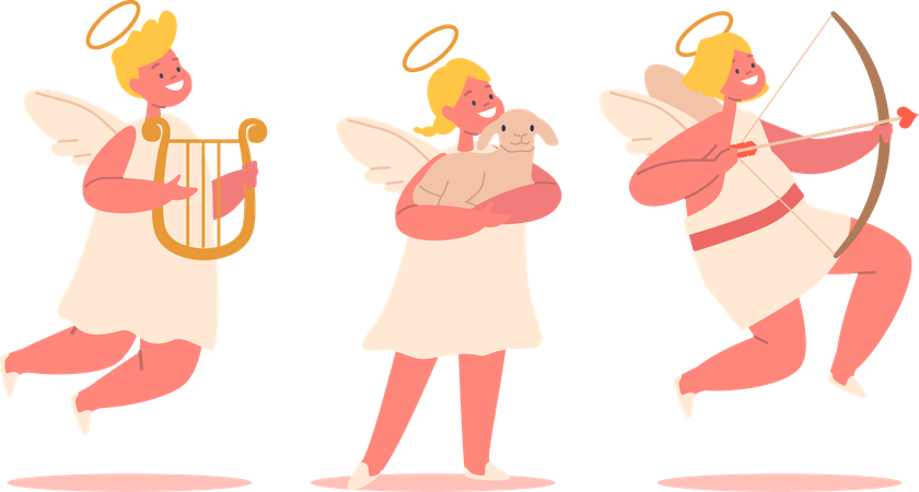 Anjos fofos segurando harpa e arco com flecha  Ilustração