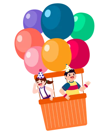 Enfants d'anniversaire assis dans un ballon volant  Illustration