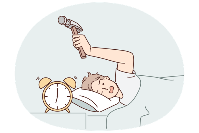 Annoyed man hits alarm clock with hammer not wanting to wake up on day off and go to unloved job  Illustration