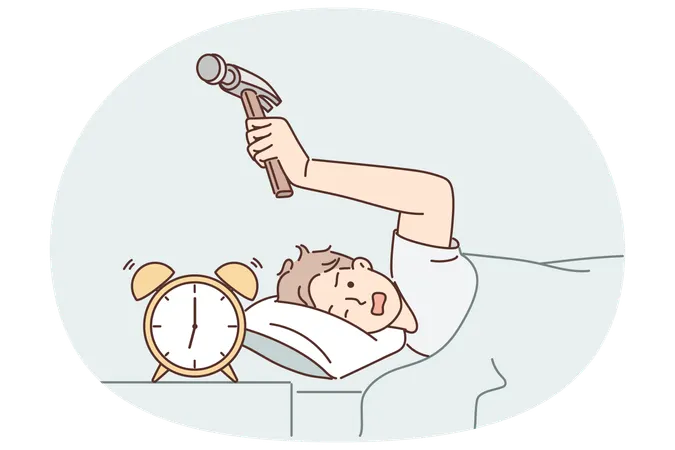 Annoyed man hits alarm clock with hammer not wanting to wake up on day off and go to unloved job  Illustration