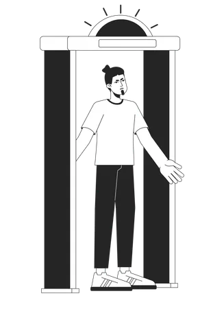 Metal Detector Go Off At Airport Bw Vector Spot Illustration Annoyed Man Stands In Security Gate 2 D Cartoon Flat Line Monochromatic Character For Web UI Design Editable Isolated Outline Hero Image Illustration