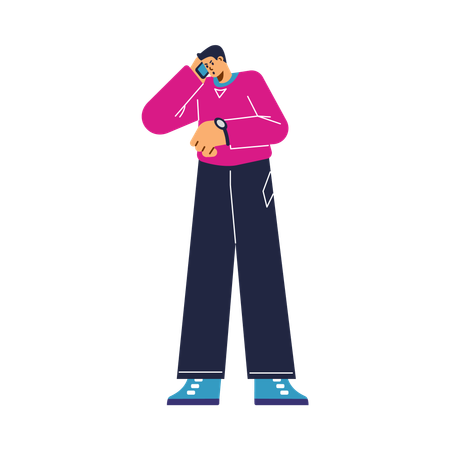 Annoyed man talking on the phone and looking at watches  Illustration