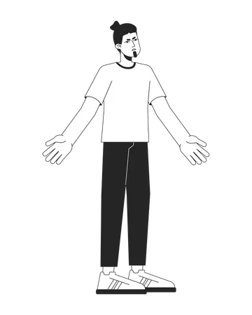 Annoyed Man Throwing Up Hands Flat Line Black White Vector Character Editable Outline Full Body Person Clueless Bearded Man Shrugging Simple Cartoon Isolated Spot Illustration For Web Graphic Design Illustration