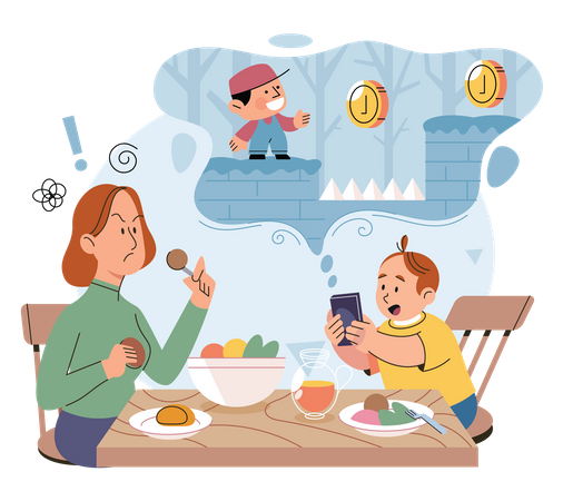 Annoyed mother due to son playing game on dinner time Illustration