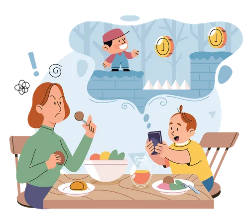 Annoyed mother due to son playing game on dinner time  Illustration