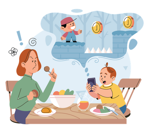 Annoyed mother due to son playing game on dinner time  Illustration