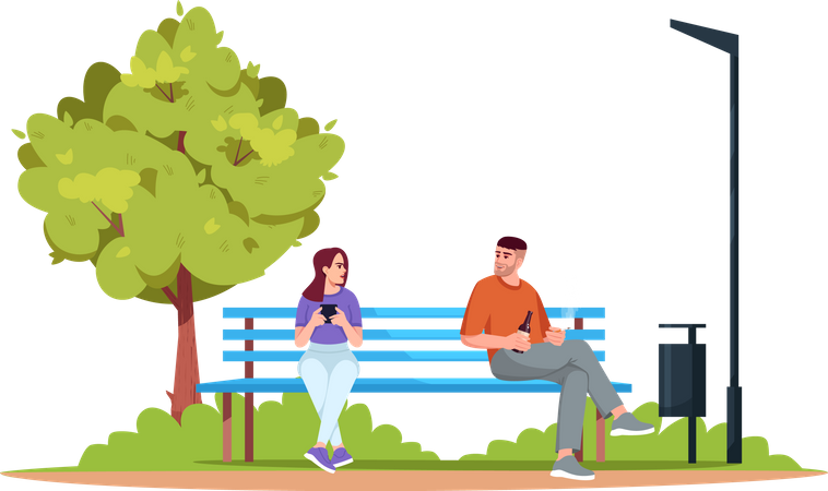 Annoyed woman by man smoking and drinking in park Illustration