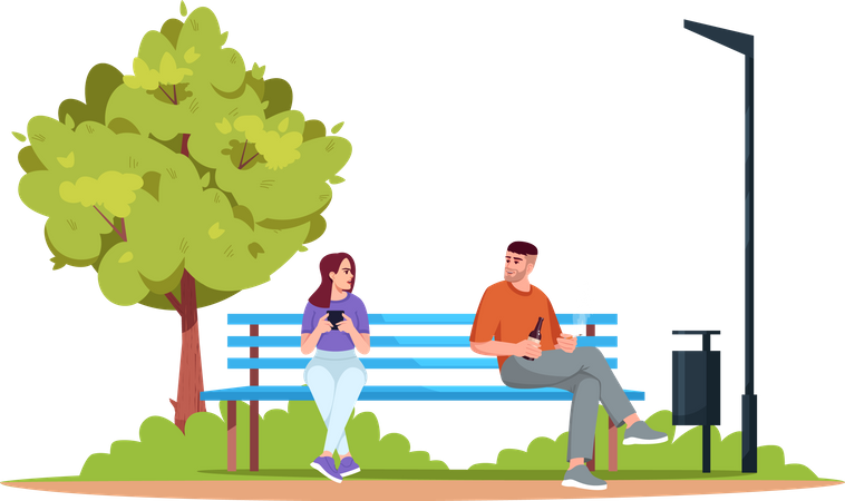 Annoyed woman by man smoking and drinking in park  Illustration