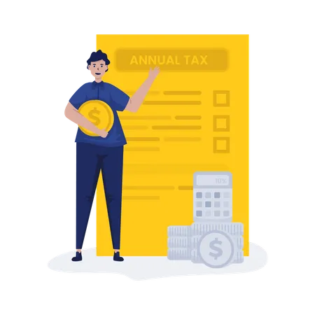 Illustration Of A Man With Annual Tax Form Report Illustration