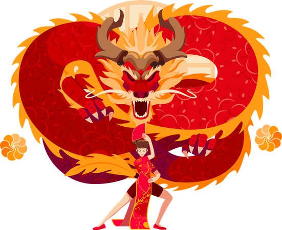 Dragón del Zodíaco Chino con niña china  Ilustración