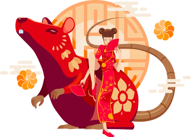 Rato do Zodíaco Chinês com garota chinesa  Ilustração