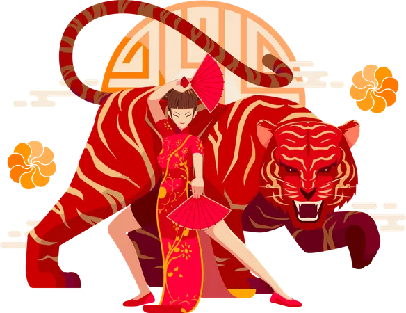 Tigre do Zodíaco Chinês com garota chinesa  Ilustração