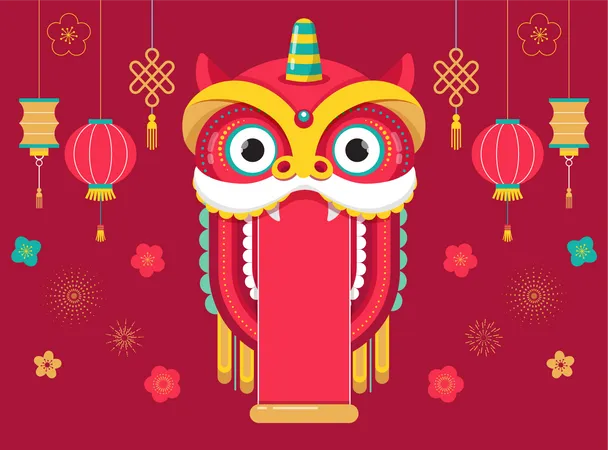 Fundo Do Ano Novo Chines Modelo De Cartao Com Uma Danca De Leao Personagem De Dragao Vermelho Ilustração