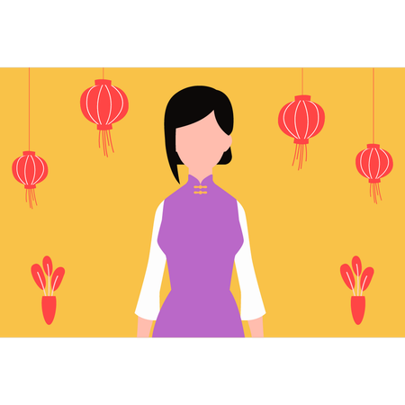 Menina chinesa com lanterna chinesa  Ilustração