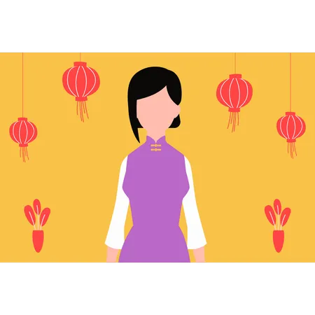 Menina chinesa com lanterna chinesa  Ilustração