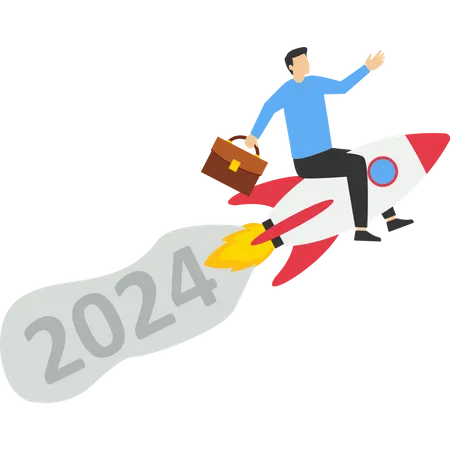 Año nuevo 2024 con creatividad de lanzamiento de cohetes.  Ilustración