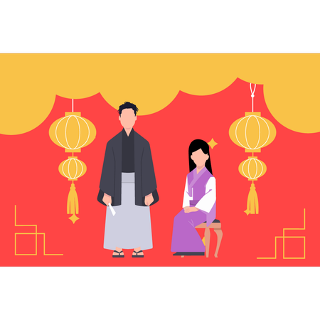 Pareja china sentada  Ilustración