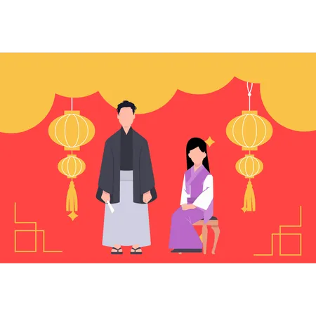 Pareja china sentada  Ilustración