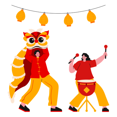 Danza del león del año nuevo chino  Ilustración