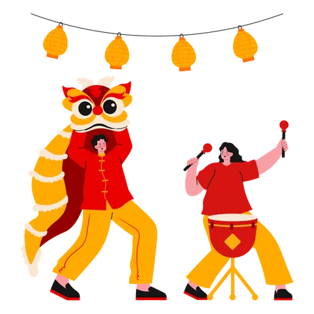 Danza del león del año nuevo chino  Ilustración