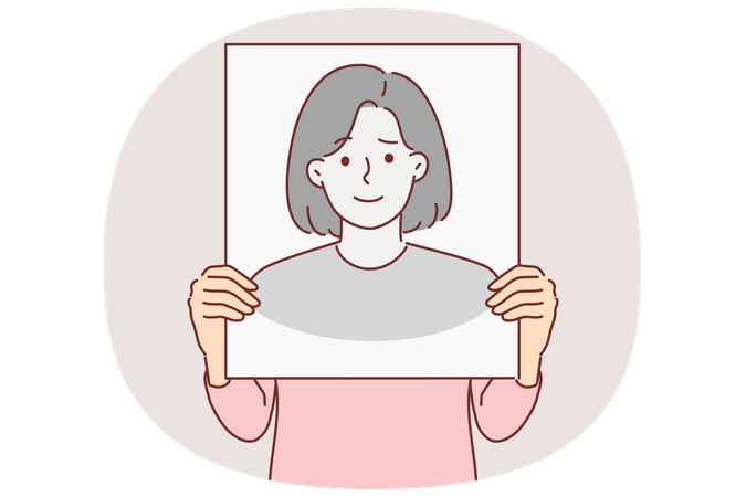 Anonymous woman hides face behind banner with fake portrait to remain incognito and leave no traces  Illustration