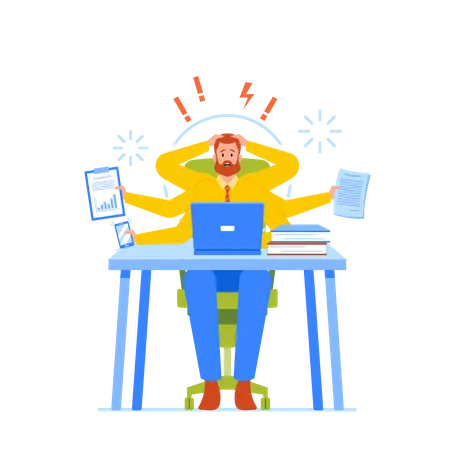 Hombre de negocios ansioso con muchos brazos sentado en una computadora portátil en la oficina haciendo muchas tareas al mismo tiempo, habilidades multitarea  Ilustración