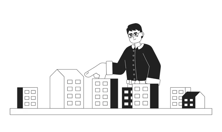 Hombre de anteojos apuntando a la unidad de edificio de apartamentos  Ilustración