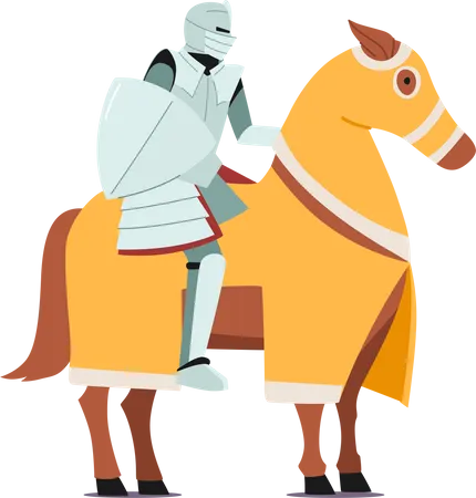 Antigo cavaleiro medieval usa armadura sentado no dorso do cavalo com escudo  Ilustração