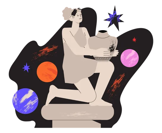 Antigua estatua de mármol de una diosa sosteniendo un ánfora en el espacio  Ilustración