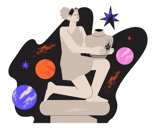 Antike Marmorstatue einer Göttin mit Amphore im Weltraum  Illustration