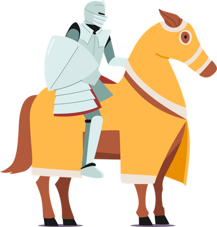 Antiker mittelalterlicher Ritter in Rüstung sitzt auf dem Pferderücken mit Schild  Illustration