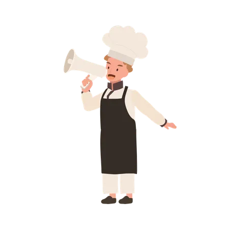 Cozinheiro infantil com uniforme de chef fazendo anúncio  Ilustração