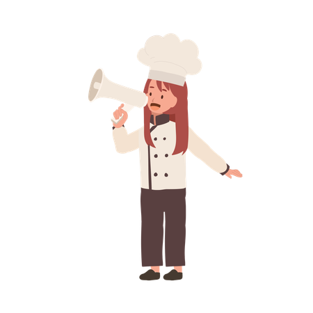 Niño cocinero en uniforme de chef haciendo anuncio  Ilustración