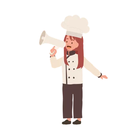 Niño cocinero en uniforme de chef haciendo anuncio  Ilustración