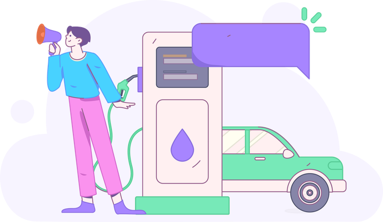 Homem fazendo anúncio em posto de gasolina  Ilustração