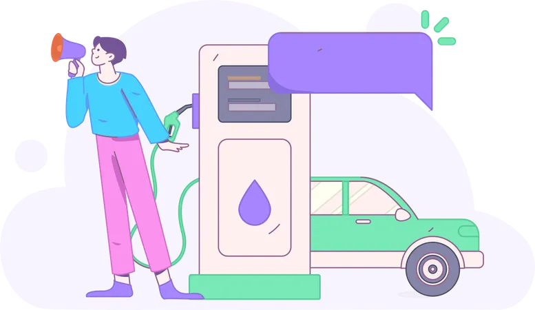 Homem fazendo anúncio em posto de gasolina  Ilustração