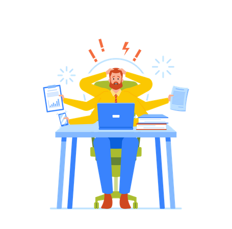 Anxious Business Man With Many Arms Sitting At Laptop In Office Doing Many Tasks At The Same Time, Multitasking Skills  Illustration