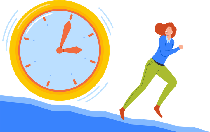Anxious Business Woman Running Away from Huge Clock  Illustration