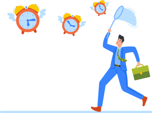 Anxious Businessman Catching Flying Alarm Clocks Illustration