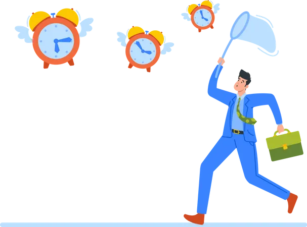 Anxious Businessman Catching Flying Alarm Clocks  Illustration