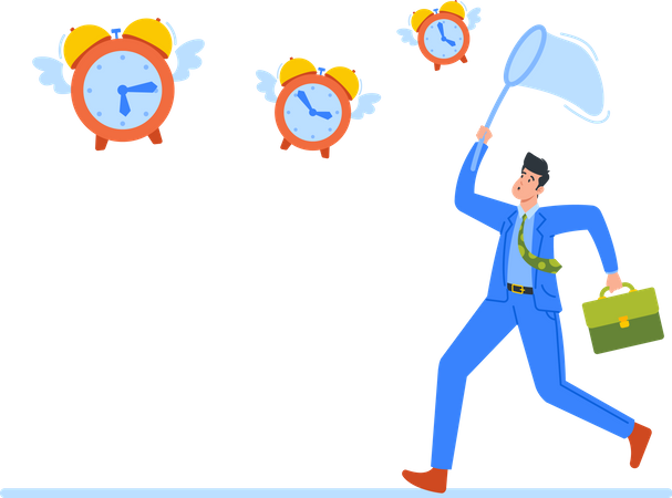 Anxious Businessman Catching Flying Alarm Clocks  Illustration