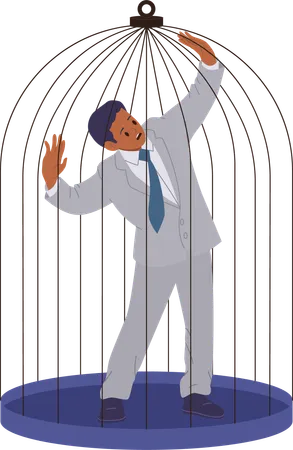 Anxious businessman trapped in cage trying to get out  イラスト