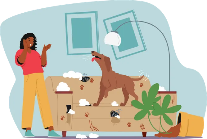 Anxious female owner looking at dog damaged sofa  Illustration