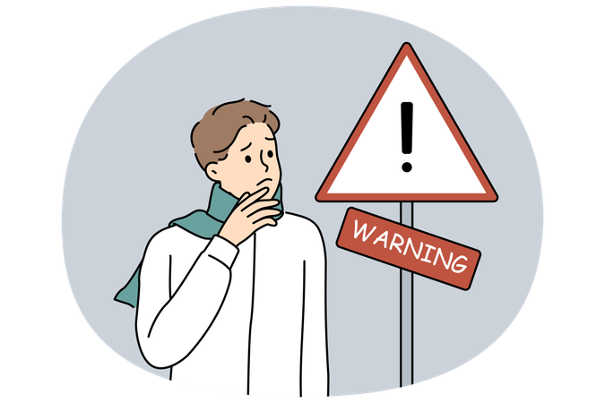 Anxious man stand near warning road sign  Illustration
