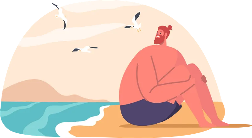 Anxious Man With Aquaphobia Sits On Beach  Illustration